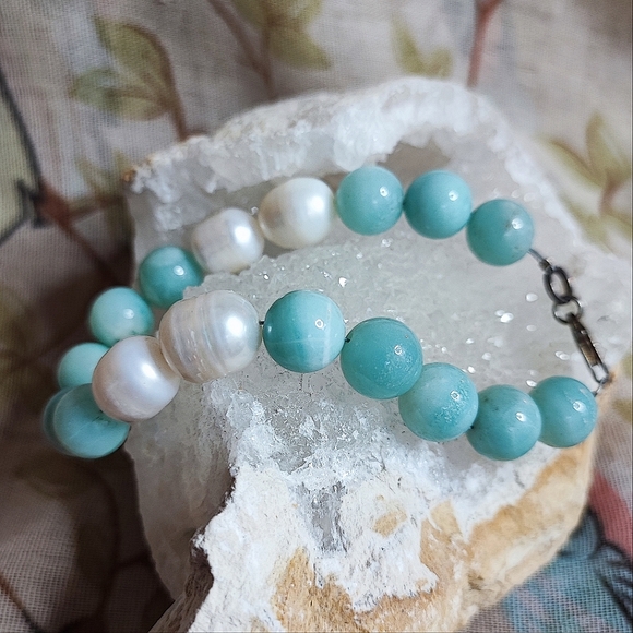 Amazonite Stone Potato Pearls Sterling Clasp Wired Artisan Bracelet - Picture 7 of 15